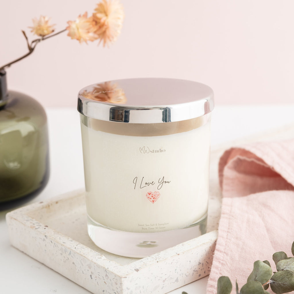 MW Studio 'I Love You' Candle on table