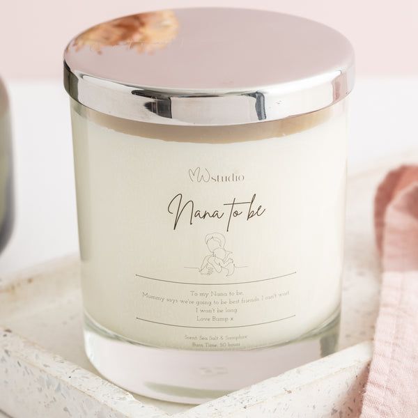 Personalised grandparent to be candle with personalised label and engraved lid