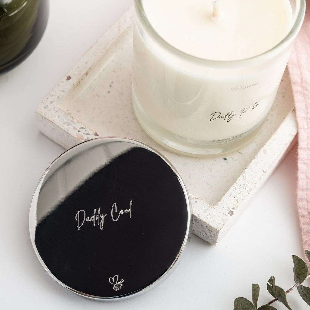 Engraved candle lid with words 'Daddy Cool'