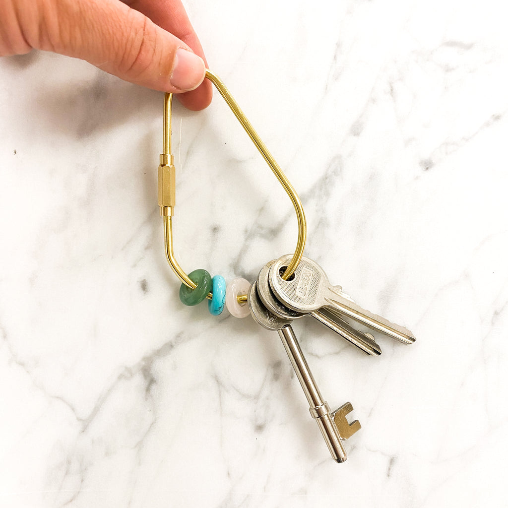 Crystal Donut keyring with green aventurine, turquoise and rose quartz