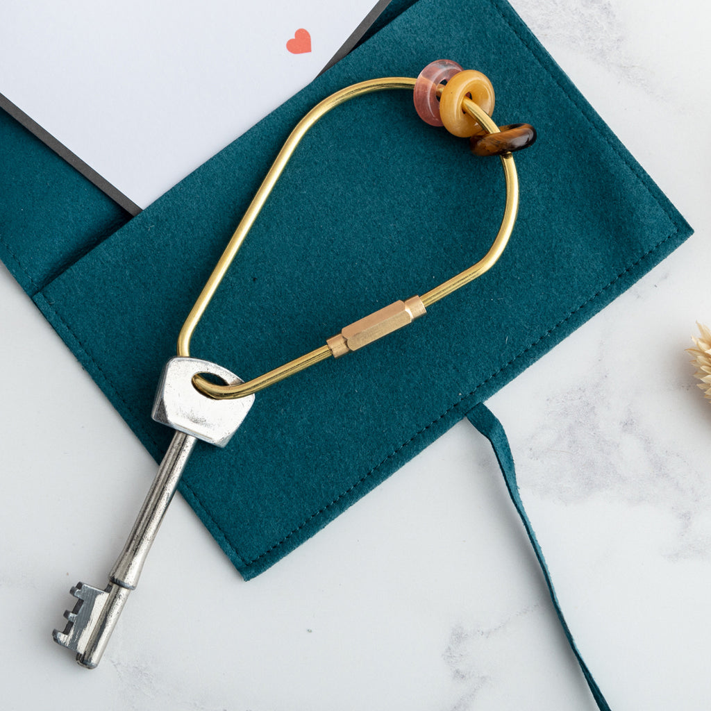 Crystal donut keyring with tigers eye, yellow jade and rose quartz